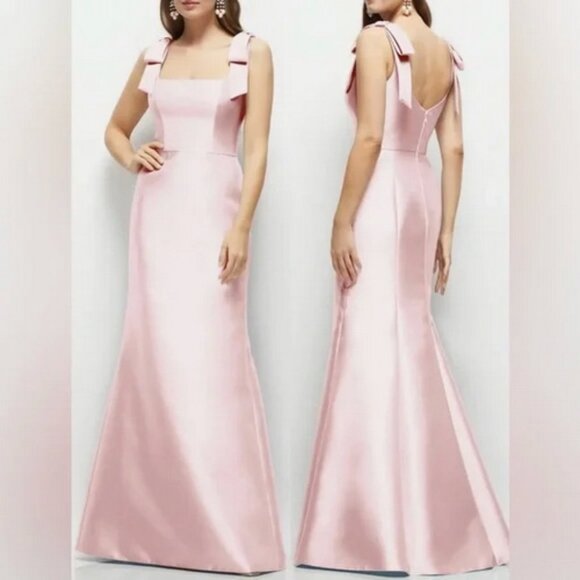 Alfred Sung Ballet Pink Bow Strap Satin Twill Trumpet Gown D868 - Picture 1 of 3